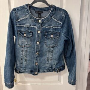INC International Concepts Cropped Distressed Frayed Denim Jacket size L